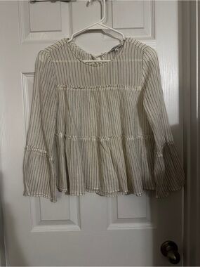 Madewell Cream Blouse with Thin Black Stripes and Ruffle Tiers